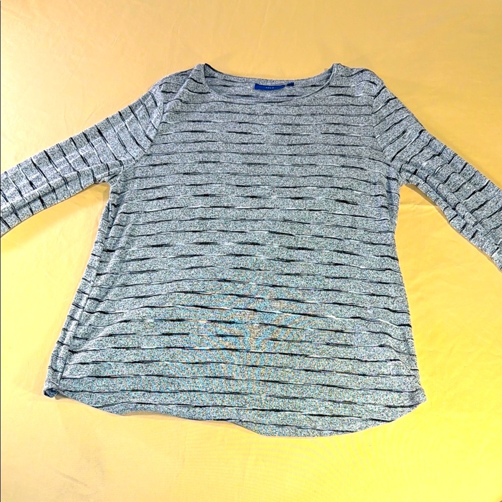APT 9 women’s lightweight pullover, top gray with black stripes round neck line